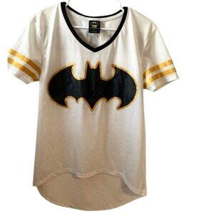 Batman Womens Mesh V-Neck Jersey Shirt With Logo & Striped Sleeves - Size L